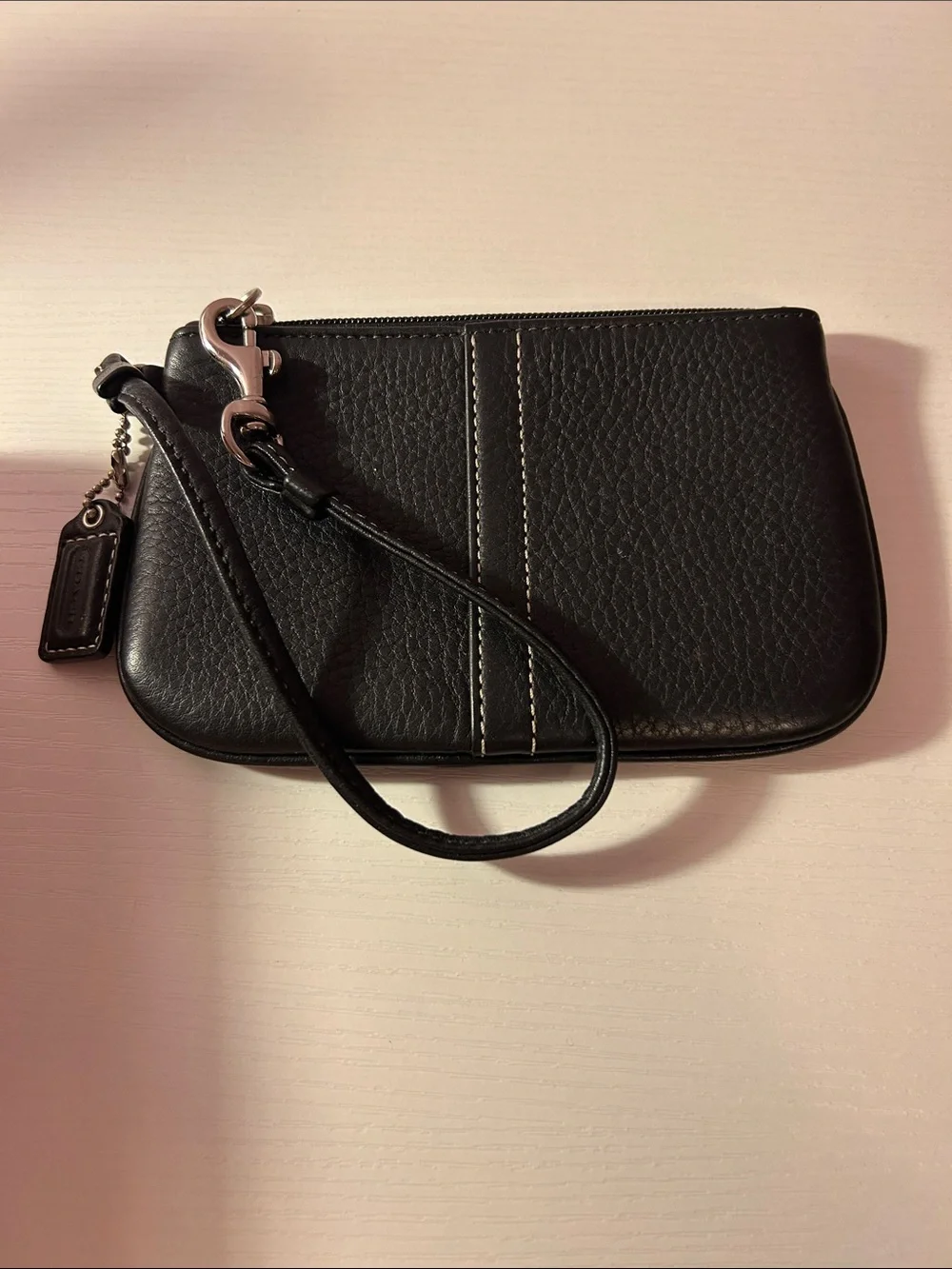 Coach Black Pebbled Leather Wristlet with White Contrast Stitching